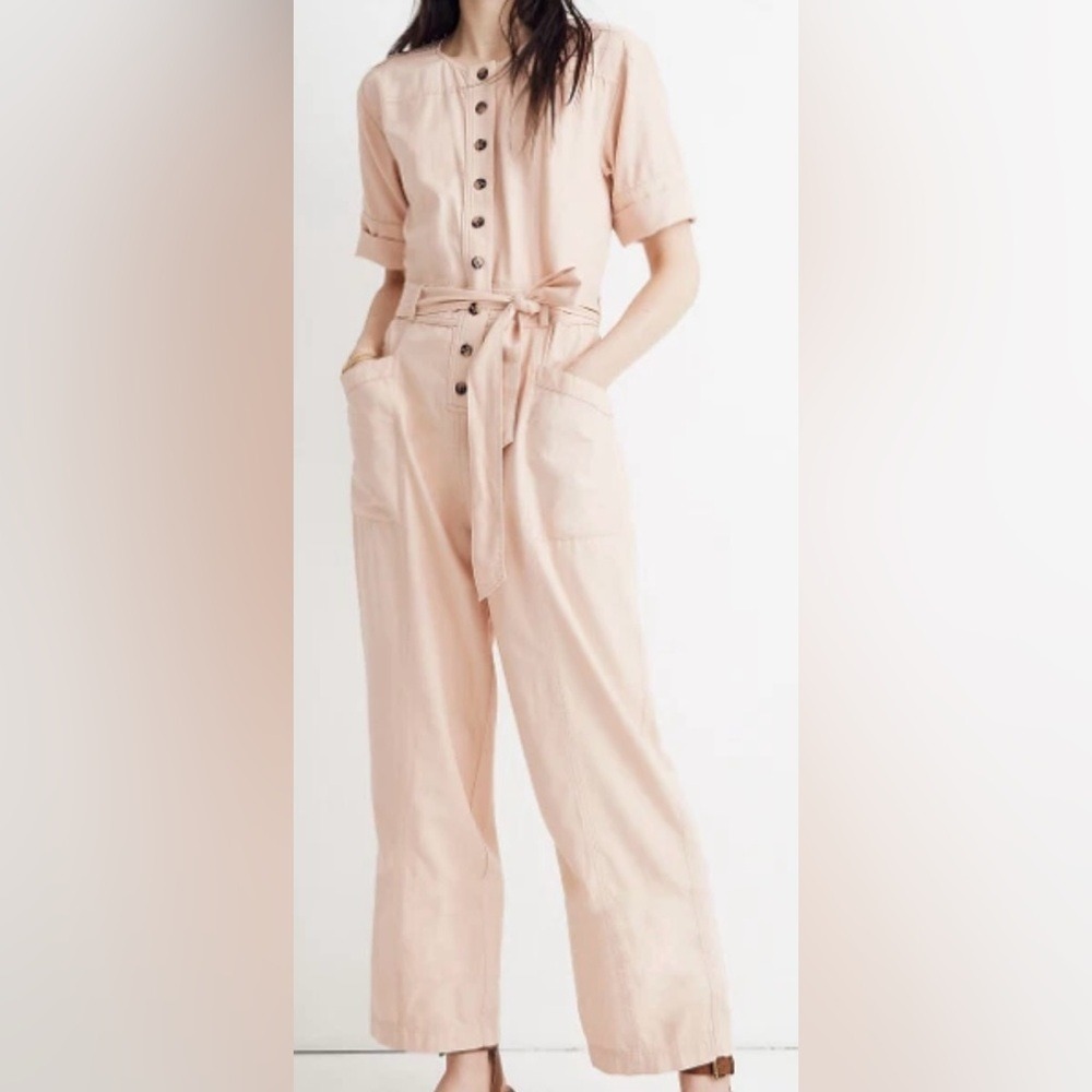 Madewell Womens Button Front Short Sleeve Utility Jumpsuit Pink Size 6 Tie Waist